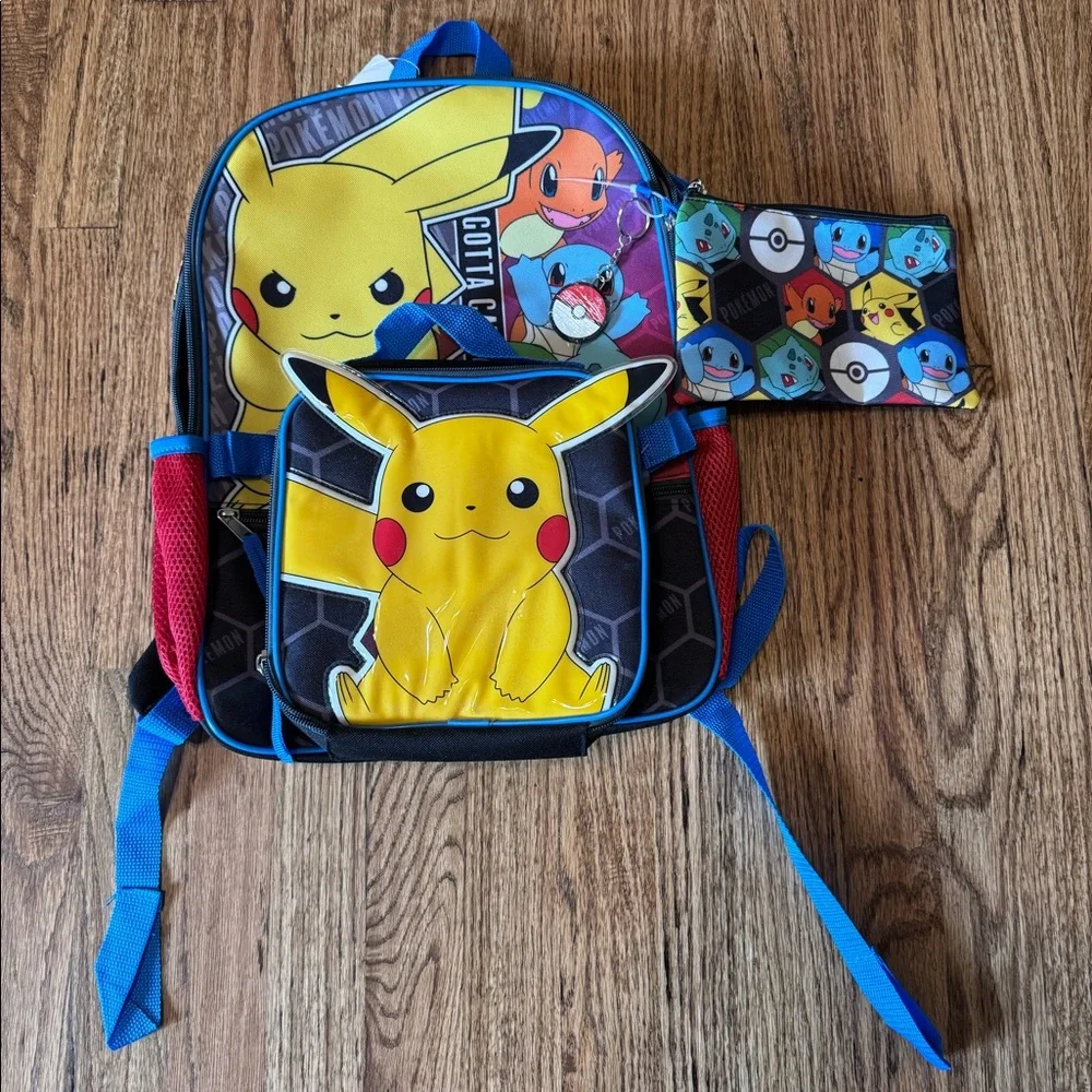 Pokémon backpack, insulated lunch bag, pencil case and key chain. New with tags.